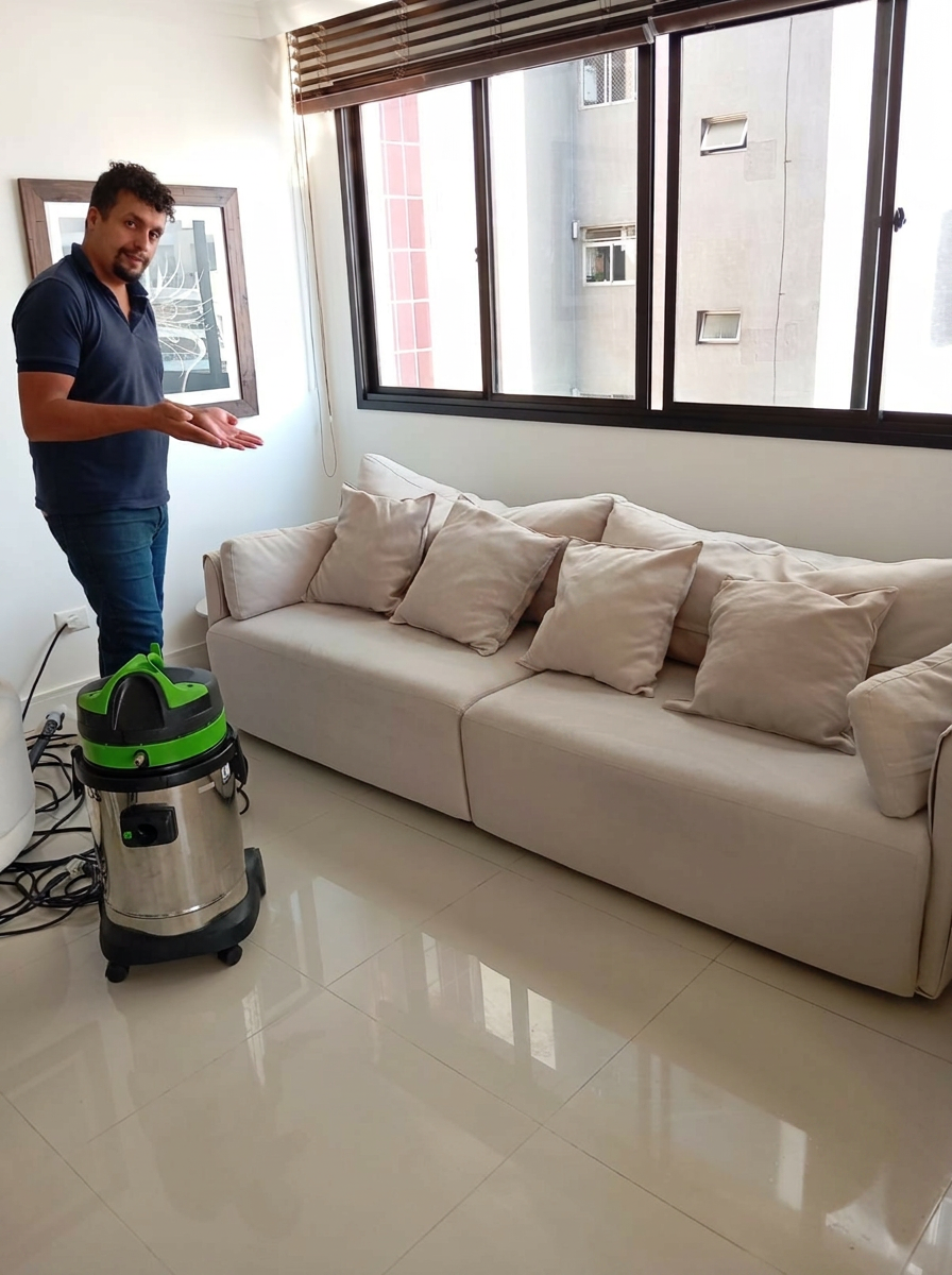 Equipe LF Higienização realizando higienização de sofá em Araucária
